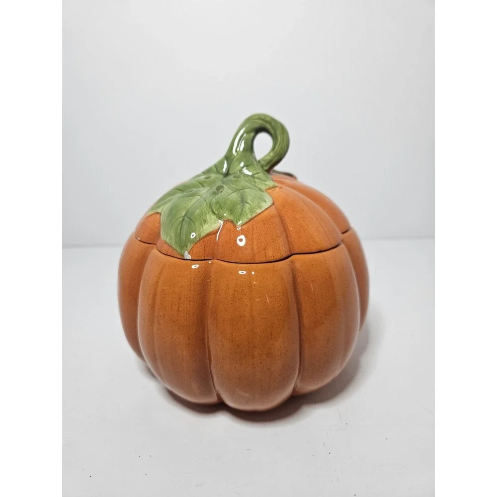 Harry Slatkin 2007 Ceramic Pumpkin Candle Holder Cookie Jar Vintage Fall Decor